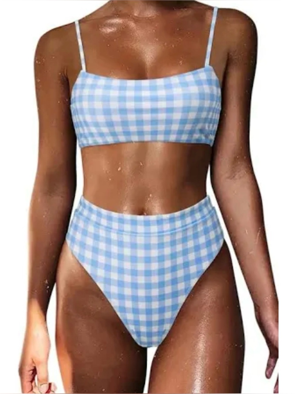 Blue Gingham High-Waist Bikini Set - Women's Swim